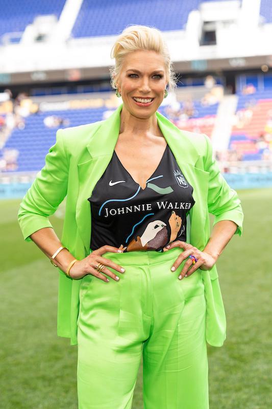 hannah waddingham rallies fans to watch womens sports at johnnie walkers gotham fc v angel city fc womens empowerment game at red bull arena on july