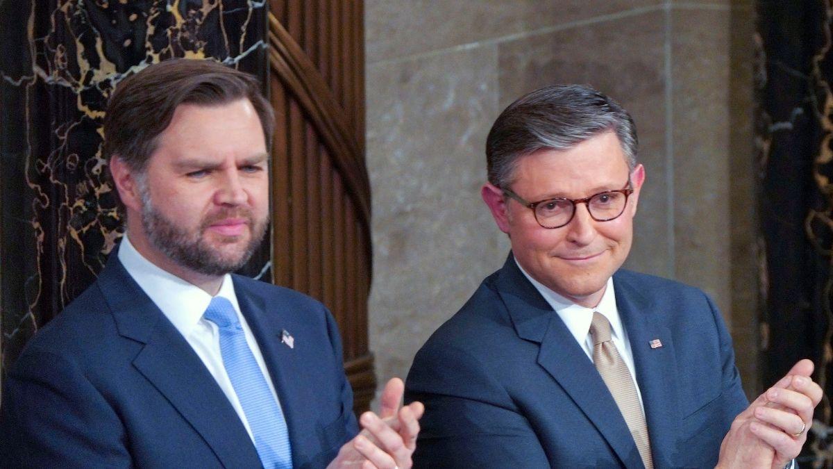 Image of J.D. Vance and Mike Johnson were the first to stand, amplifying the optics.