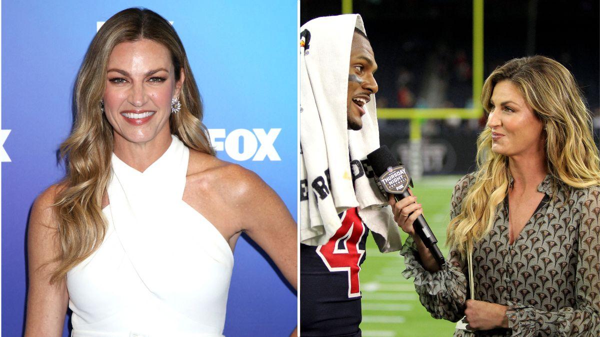 split of Erin Andrews, interviewing. 