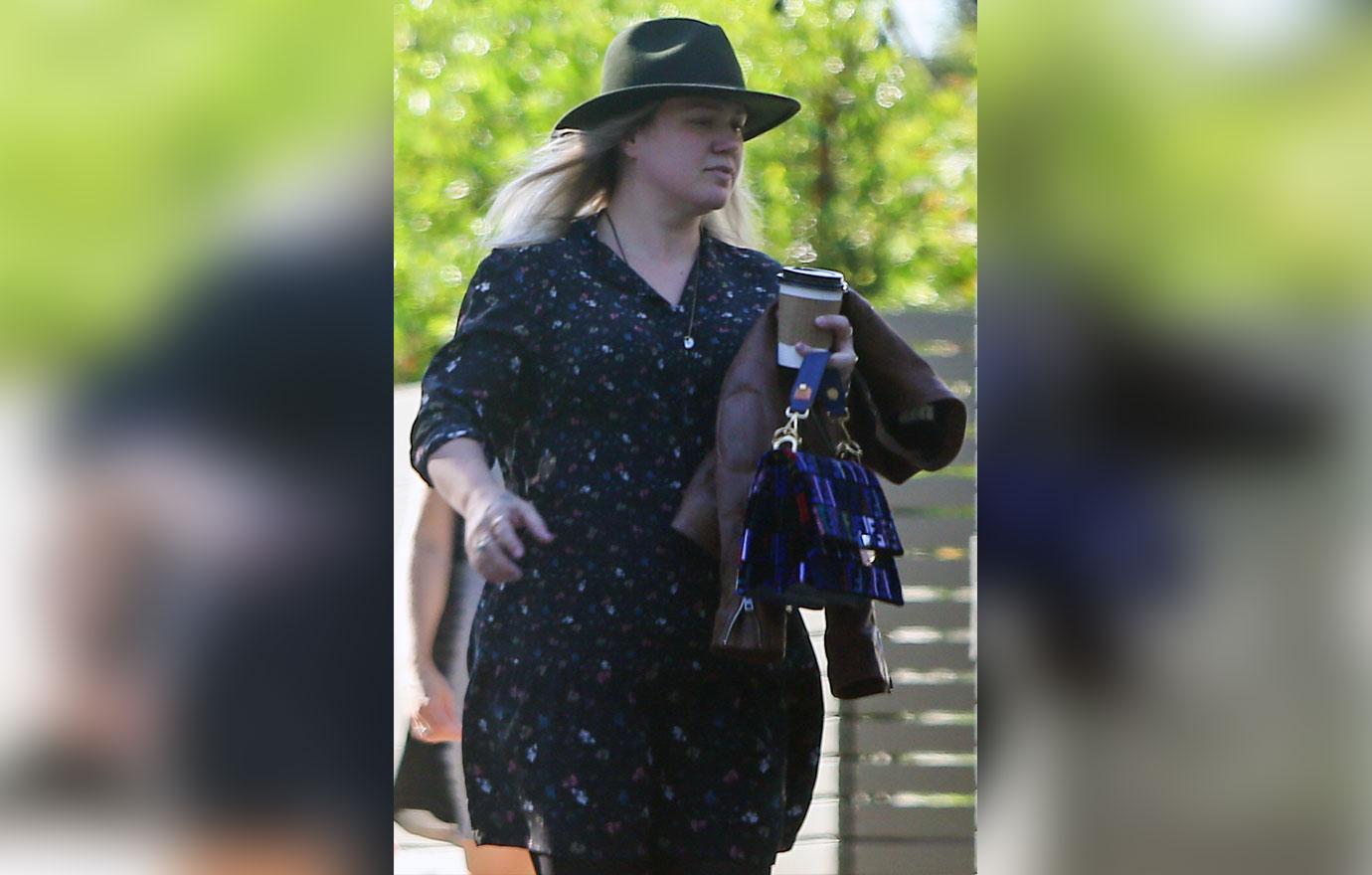 A makeup free Kelly Clarkson looks chic as she drops off her daughter River Rose with a nanny.