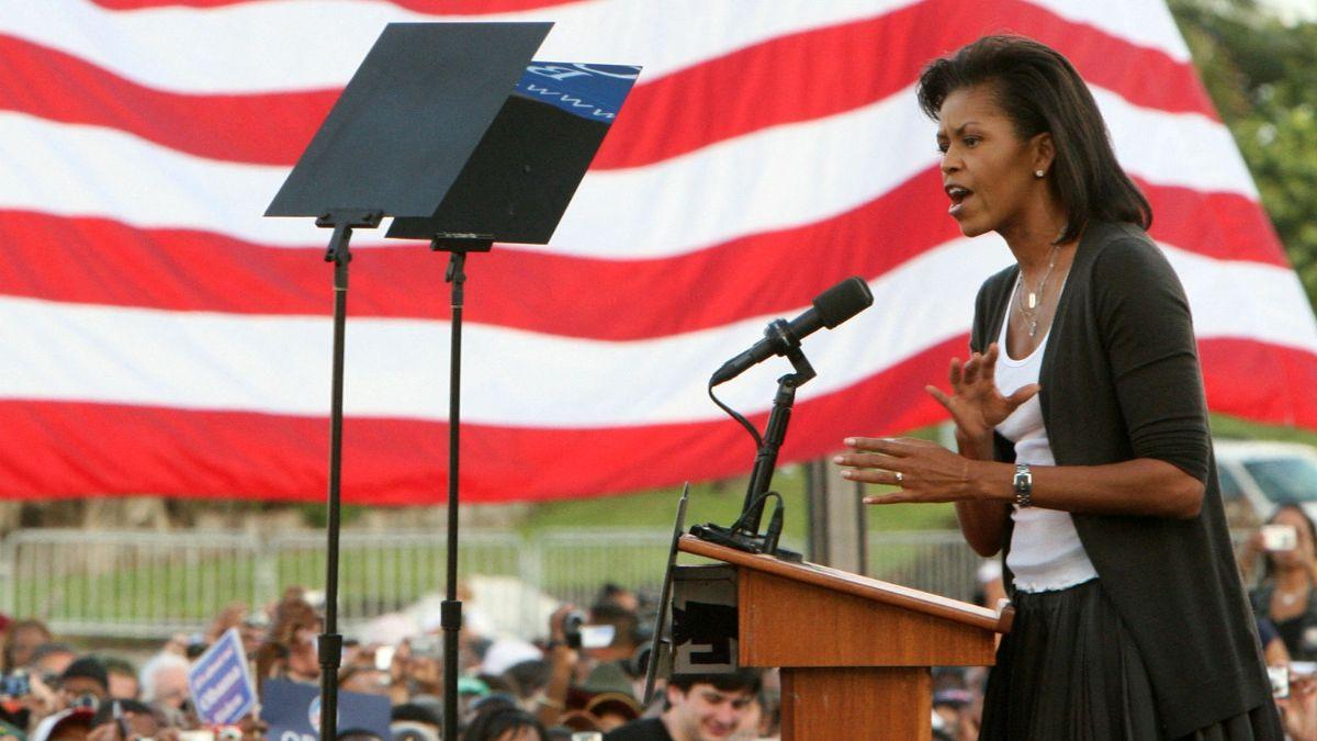 Photo of Michelle Obama praised her husband during the grand opening ceremony of the Obama Presidential Center in Chicago.