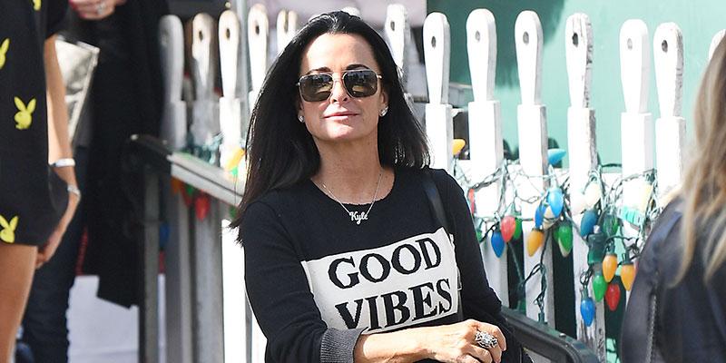 Kyle Richards wearing Chanel lambskin aviator sunglasses and matching  backpack while lunching at Il Pastaio restaurant in Beverly Hills  Featuring: Kyle Richards Where: Los Angeles, California, United States  When: 27 Oct 2014