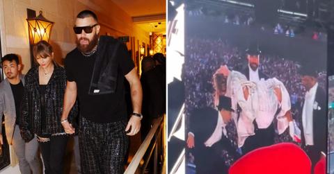 A photo of Taylor Swift and Travis Kelce holding hands and an image of the athlete carrying the singer.