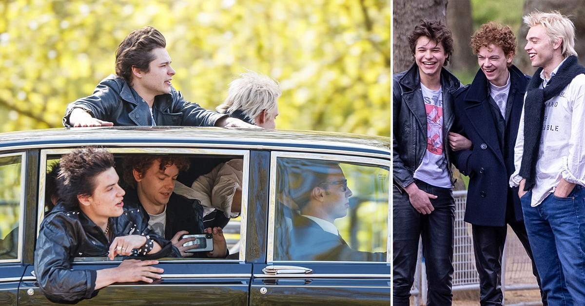 the cast of the new sex pistols film outside buckingham palace ok