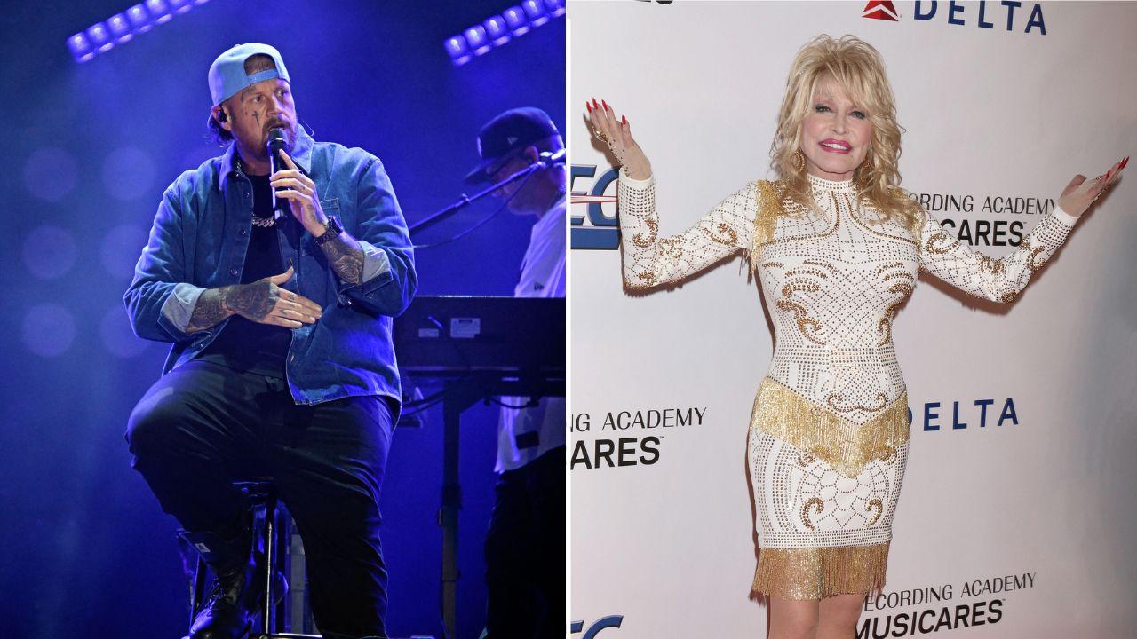 Split photo of Jelly Roll and Dolly Parton