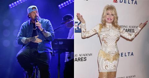 Split photo of Jelly Roll and Dolly Parton