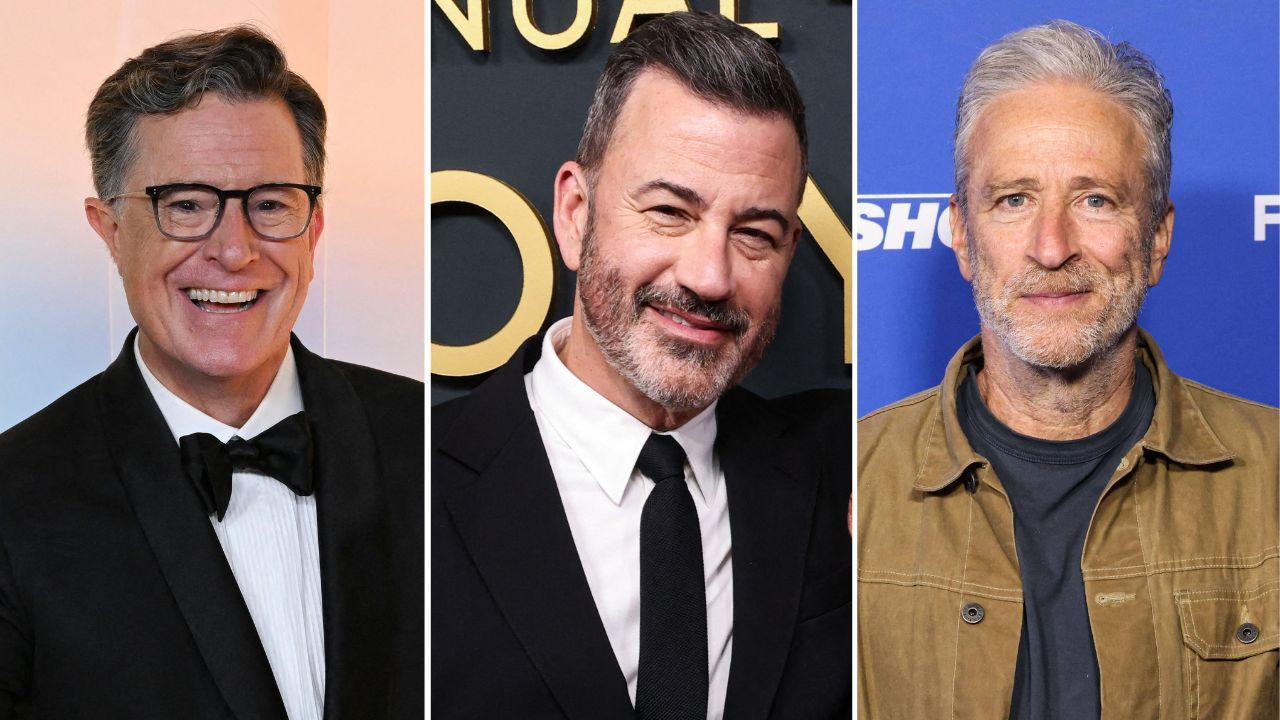 Photo of Stephen Colbert, Jimmy Kimmel and Jon Stewart.
