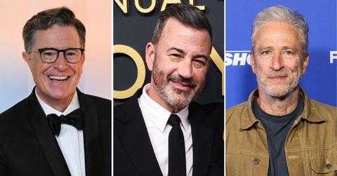 Photo of Stephen Colbert, Jimmy Kimmel and Jon Stewart.