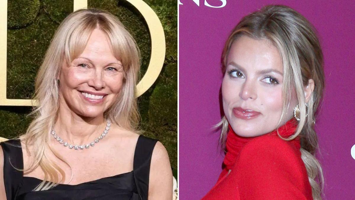 Split photo of Pamela Anderson and Brooks Nader.