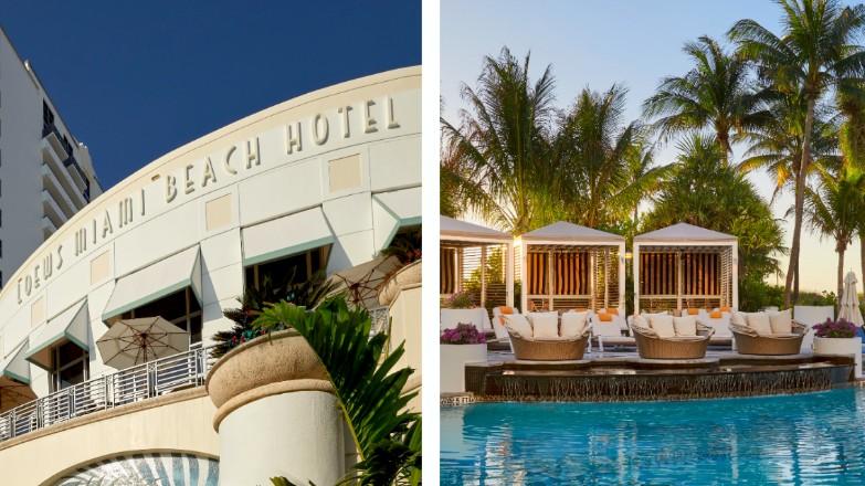 Composite photo of the front and poolside at the Loews Miami Beach Hotel.