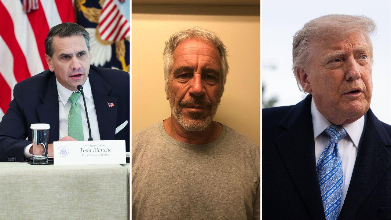 Split image of Todd Blanche, Jeffrey Epstein and Donald Trump