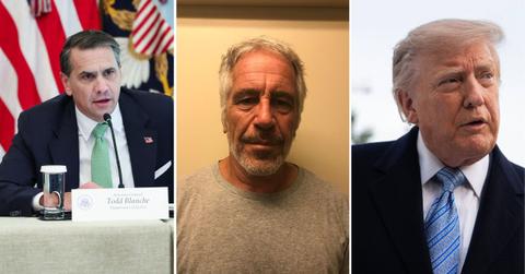 Split image of Todd Blanche, Jeffrey Epstein and Donald Trump
