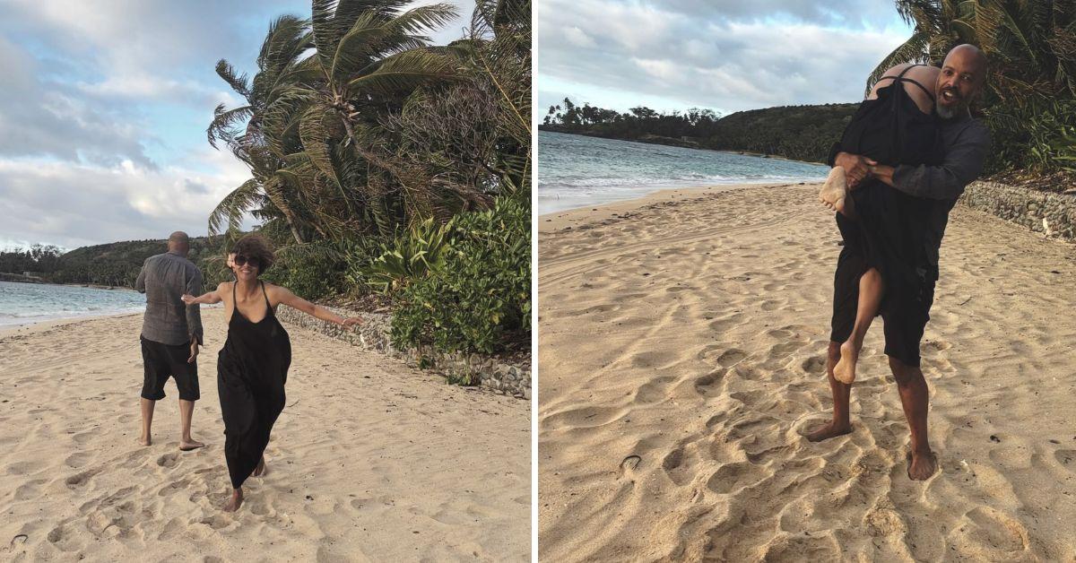 image of The actress also shared affectionate vacation moments with fiancé Van Hunt, including a sweet photo of him lifting her on the beach.