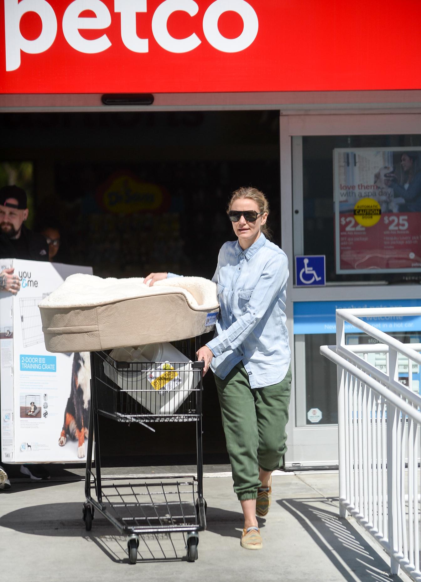 EXCLUSIVE: **PREMIUM EXCLUSIVE RATES APPLY**A noticeably fuller figured Cameron Diaz shops at Petco with husband Benji Madden in Studio City