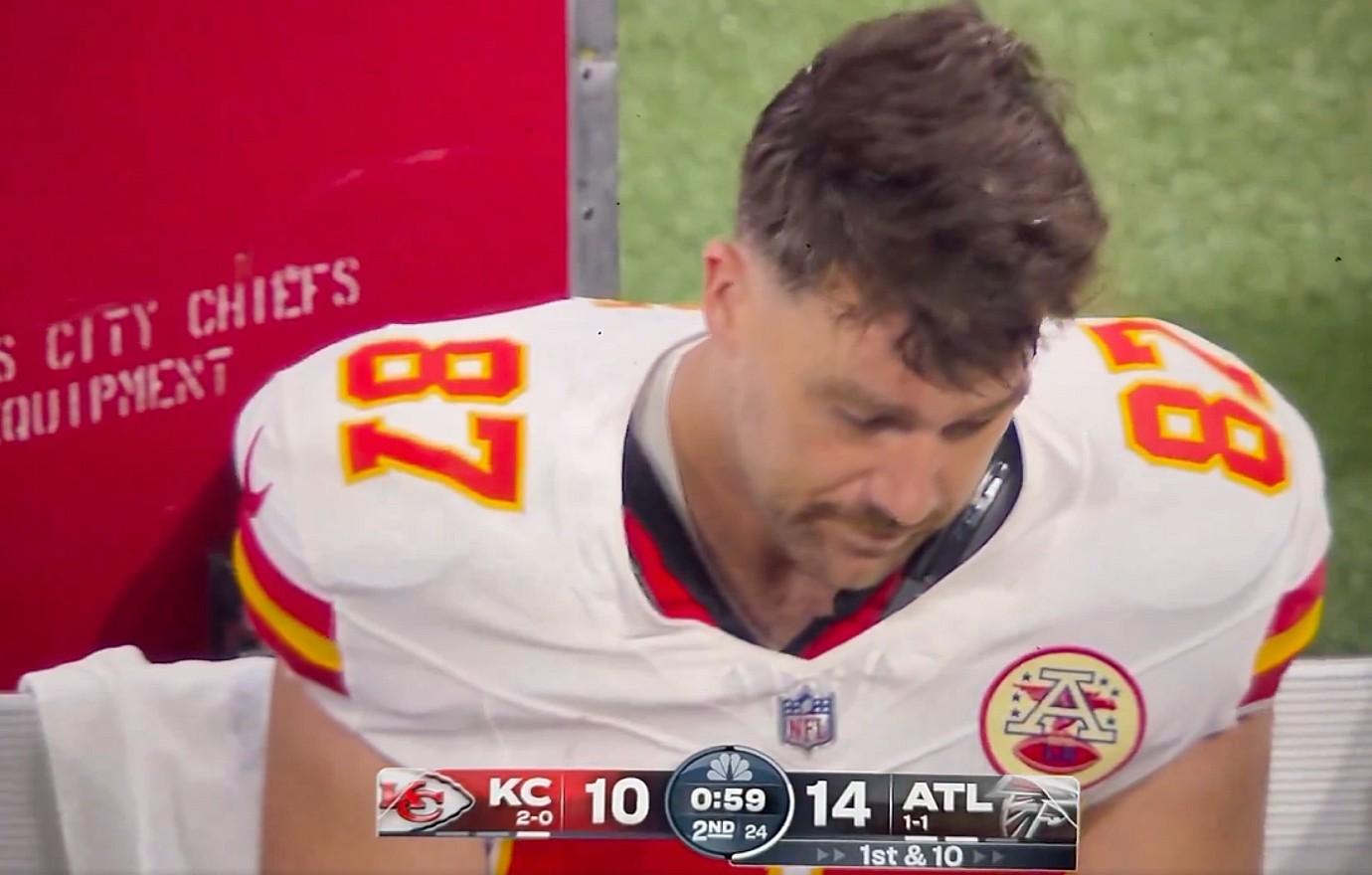 travis kelce looks downcast girlfriend taylor swift skips kansas city chifs game nbc