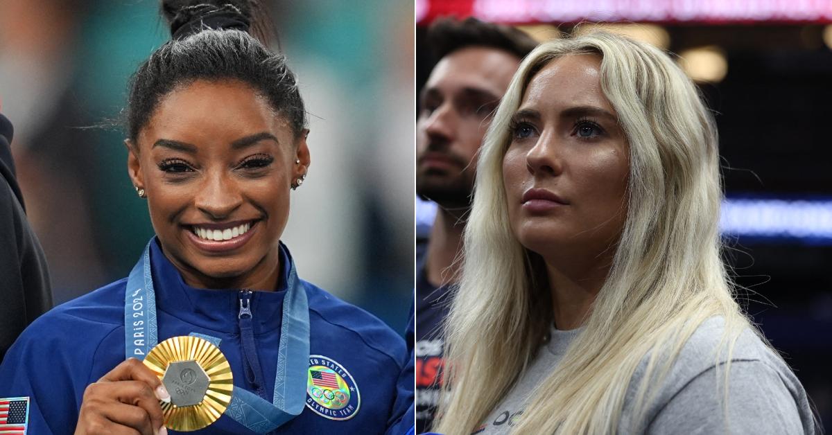 Photo of Simone Biles and image of MyKayla Skinner.