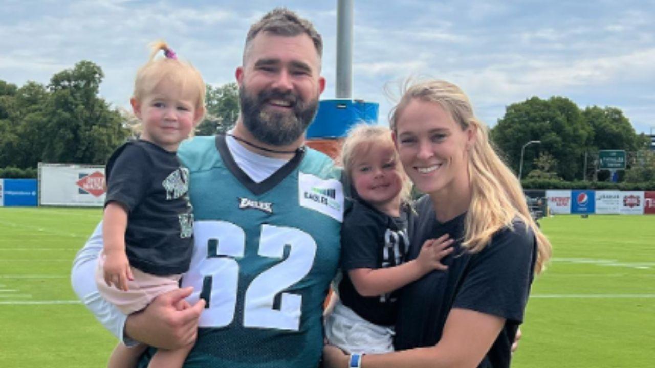 Image of Jason Kelce, Kylie Kelce, and two of their kids.
