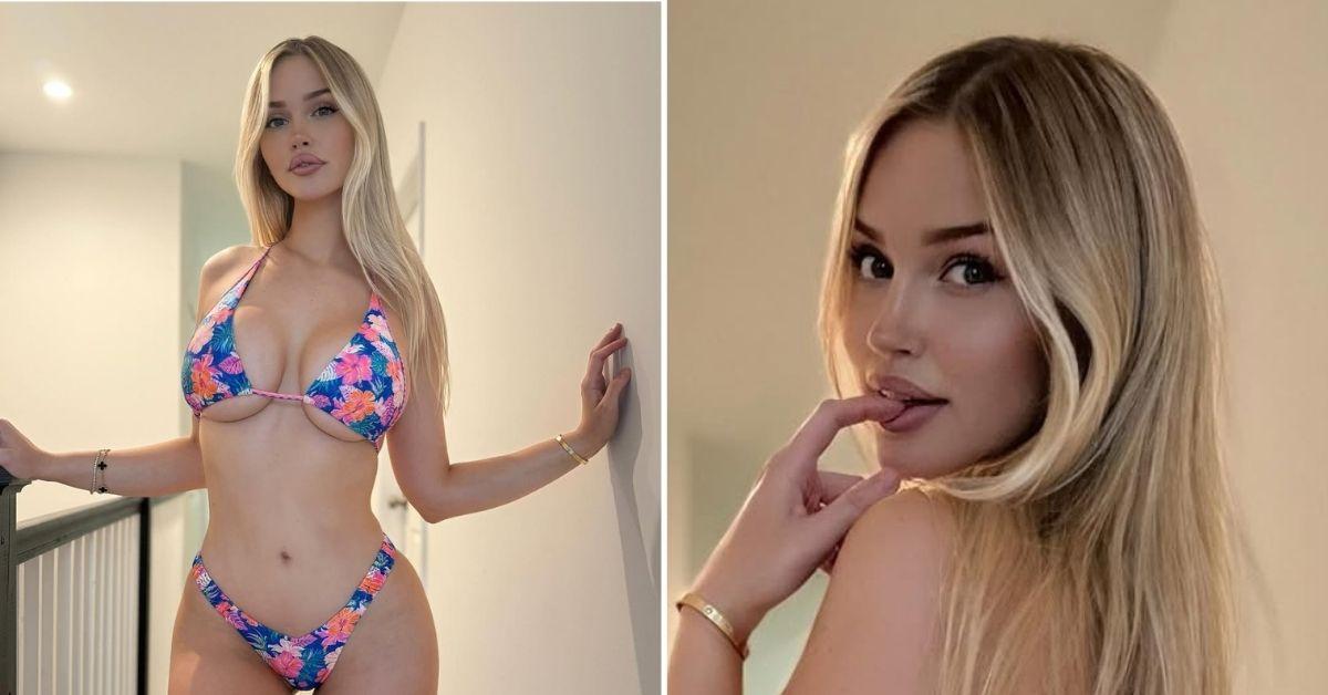 Tana Rain poses indoors wearing a colorful floral bikini.