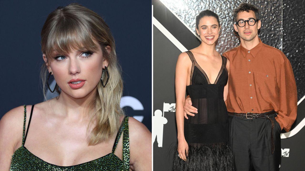 Split of Taylor Swift; Margaret Qualley and Jack Antonoff.