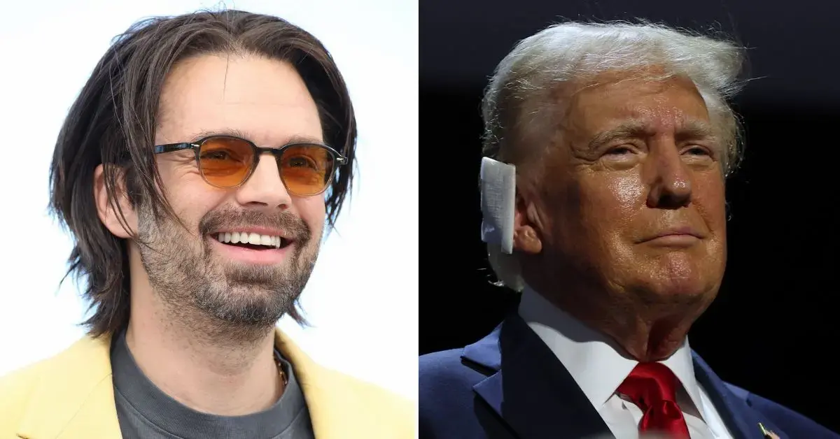 Split photos of Sebastian Stan and Donald Trump