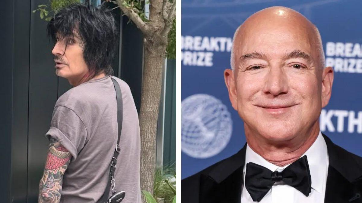 Split photo of Tommy Lee and Jeff Bezos