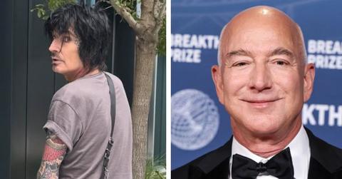 Split photo of Tommy Lee and Jeff Bezos
