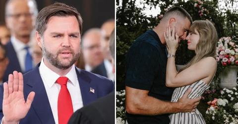 Photo of J.D. Vance; picture of Travis Kelce and Taylor Swift.