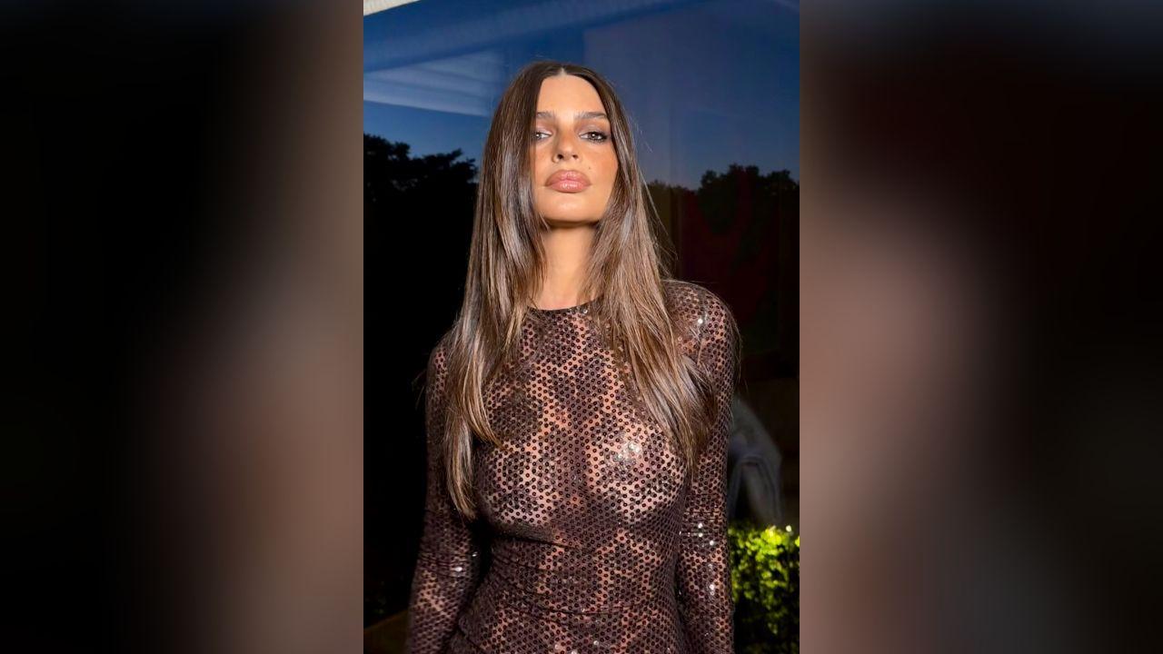 Image of Emily Ratajkowski went braless beneath the transparent gown.