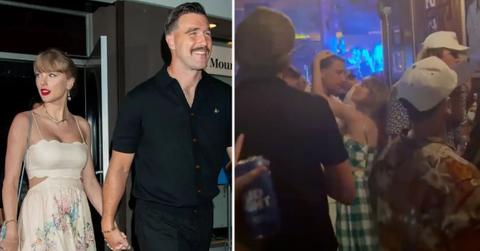 Two photos of Travis Kelce with Taylor Swift