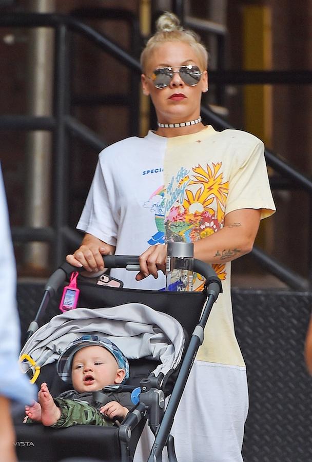 Pink and her husband Carey Hart take the kids to the park in Tribeca