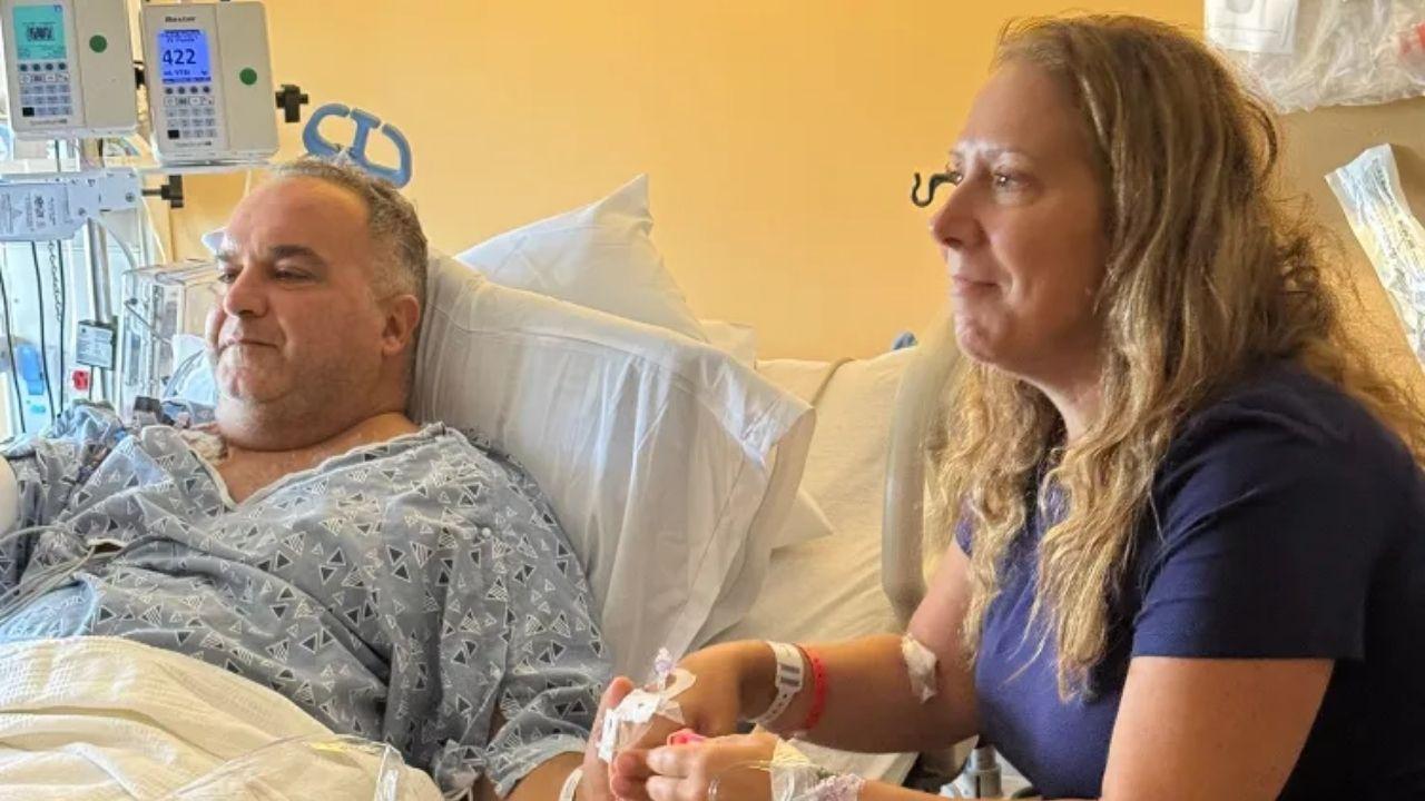 Image of a man in desperate need of a kidney transplant discovered his own wife was the perfect donor match for him.