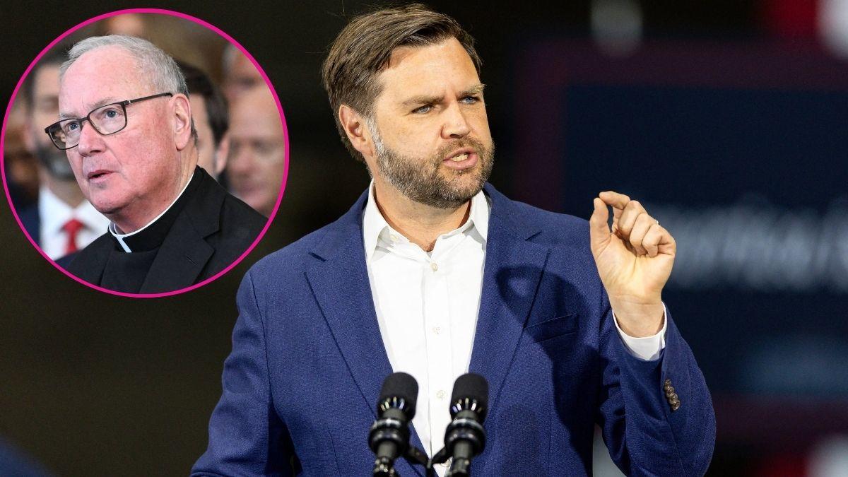 composite photo of jd vance and Cardinal Timothy Dolan