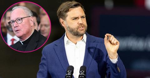 composite photo of jd vance and Cardinal Timothy Dolan