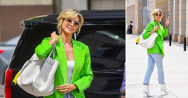 heidi klum arrives at agt in bright green blazer okf