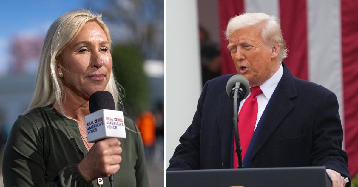 Split photo of Marjorie Taylor Greene and Donald Trump.