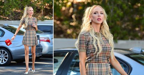christine quinn arrives at the luxe hotel in burberry outfit