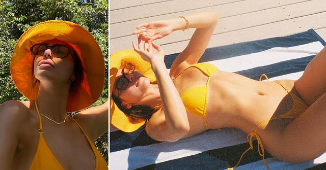 kendall jenner bikini neon orange sunglasses bucket hat