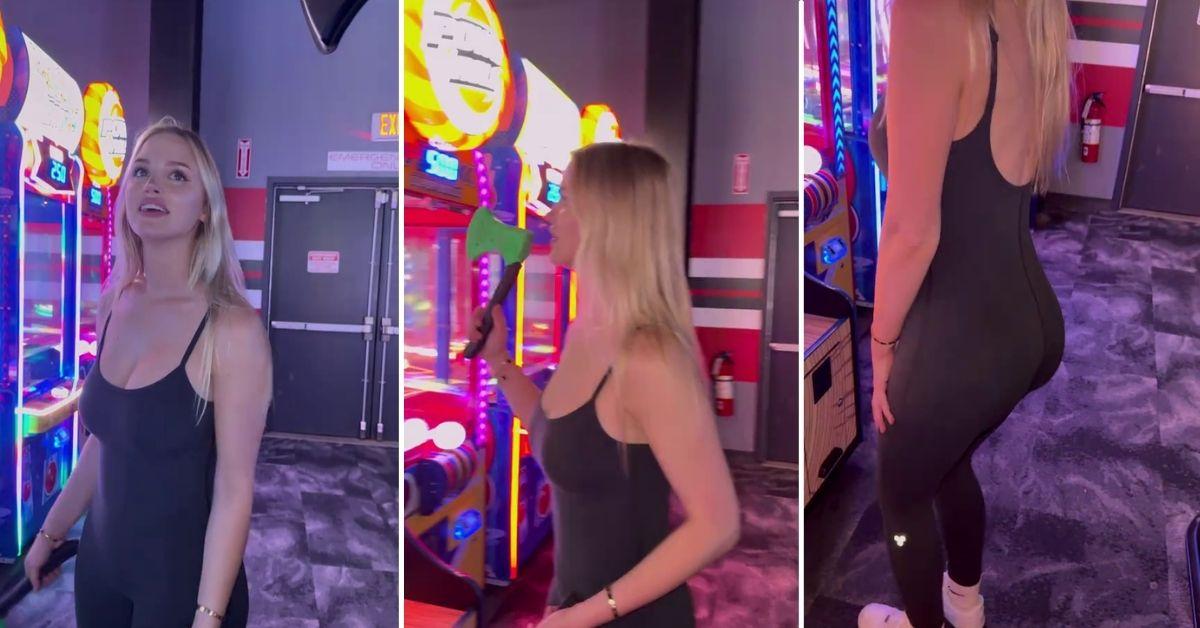 A three-panel sequence of Tana Rain at an arcade: first, she looks up smiling under neon lights; then she holds a green foam axe near her face; finally, she stands in profile in a black fitted jumpsuit.