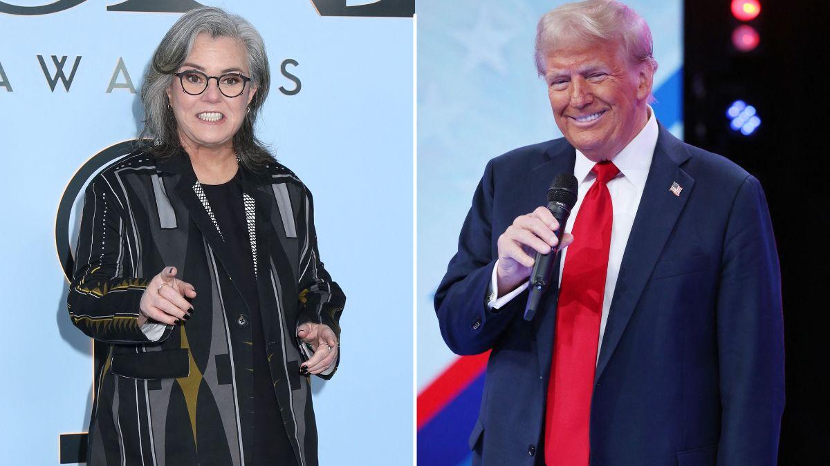 Split photo of Rosie O'Donnell & Donald Trump