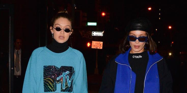 Gigi Hadid, Bella Hadid and Mohamed Hadid and Zayn Malik coming in and out of dinner in soho