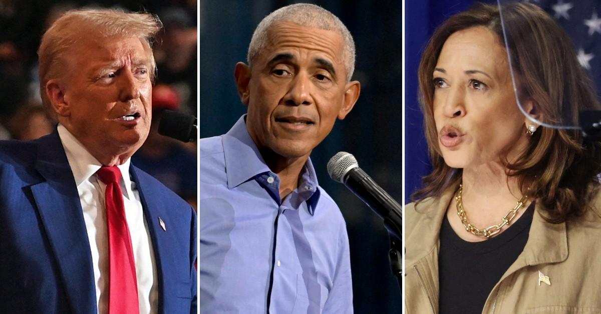 Split photo of Donald Trump, Barack Obama and Kamala Harris.