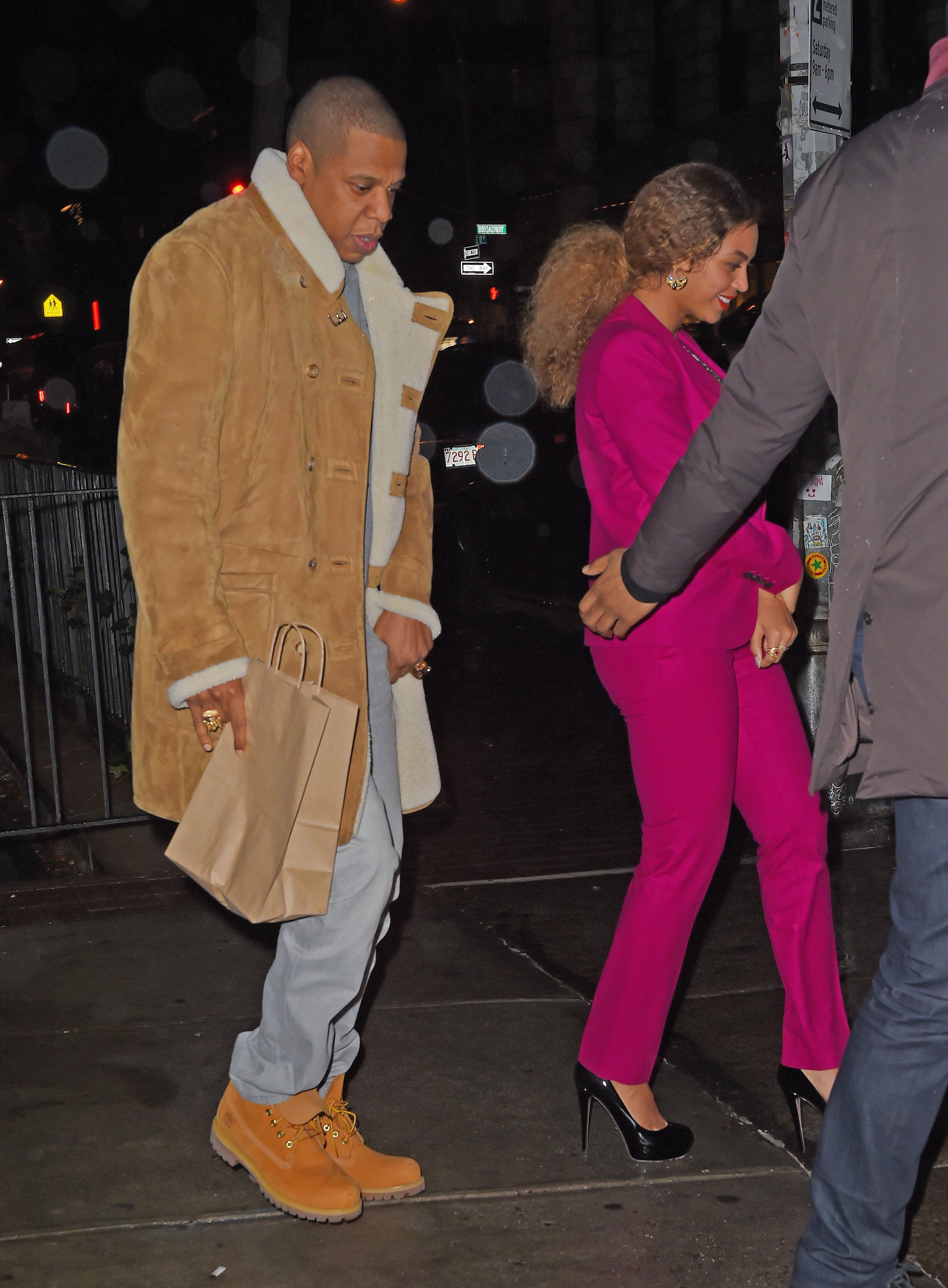 Beyonce and Jay Z leaving dinner date escorted by bodyguard Julius in the East Village, NYC