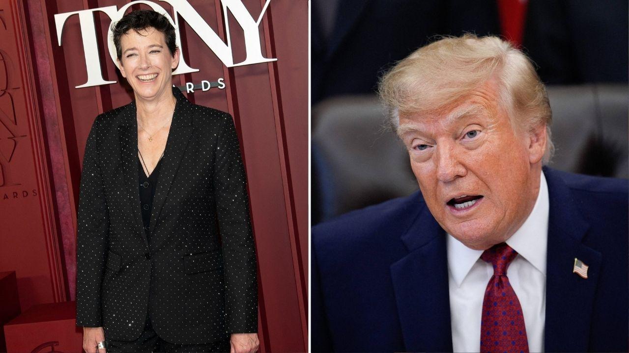 Split photo of Rachel Maddow and Donald Trump