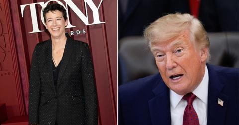 Split photo of Rachel Maddow and Donald Trump
