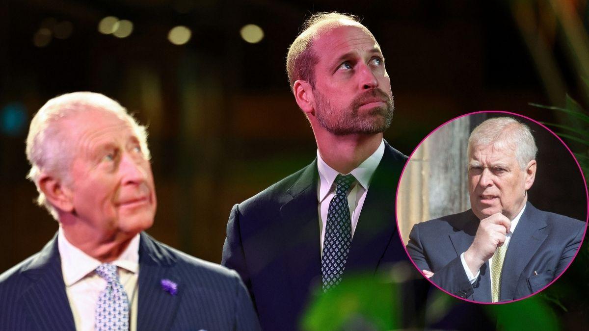 Split photo of King Charles, Prince William and ex-Prince Andrew