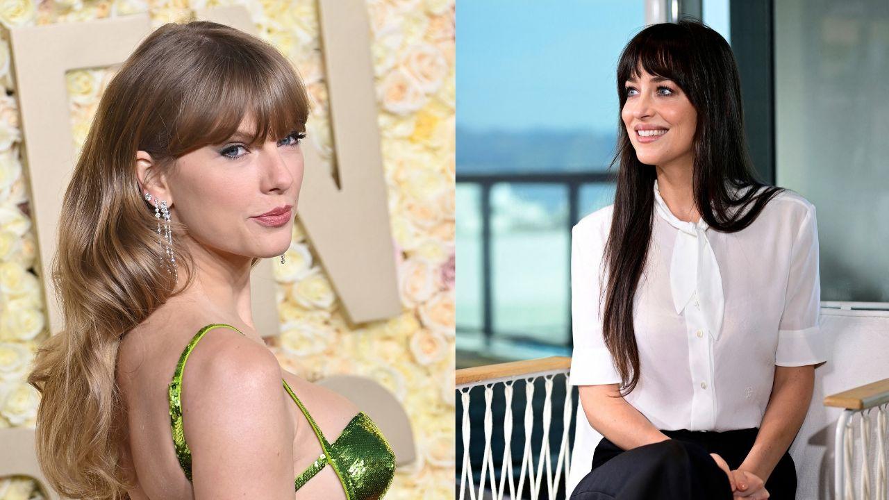 Split image of Taylor Swift and Dakota Johnson.