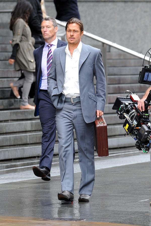 Brad Pitt Looks Great in Gray, Films 'The Counselor' in London