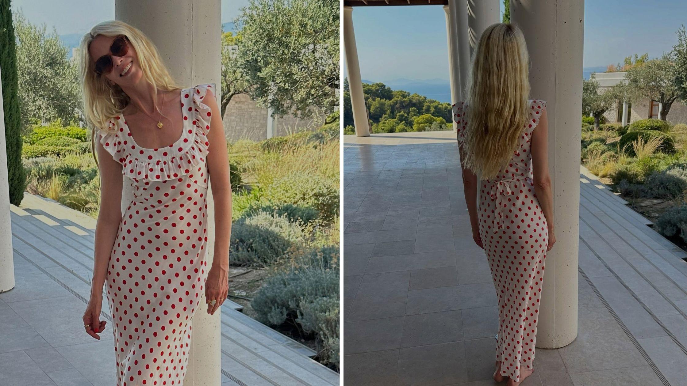 image of The model showed off a striped bikini and a white dress with red polka dots.