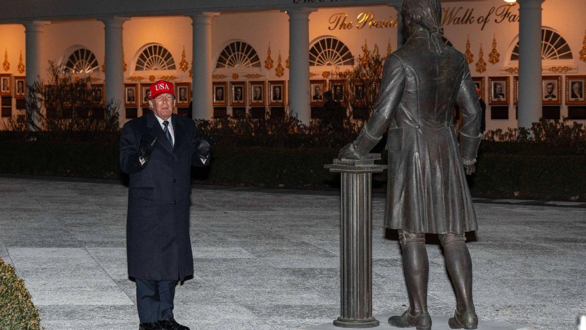 Image of President Donald Trump was more interested in the Rose Garden statues than the conflict in Iran.