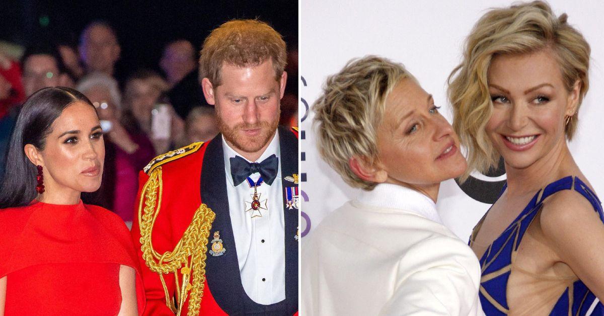 Composite photo of Meghan Markle, Prince Harry, Ellen DeGeneres and Portia de Rossi. 